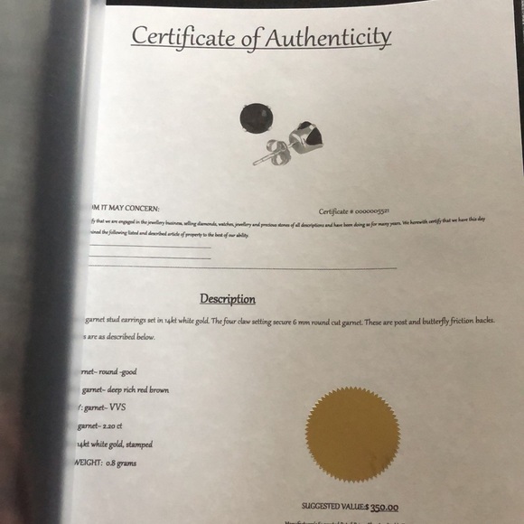 New 14K White Gold Garnet Earrings with COA - Picture 6 of 6